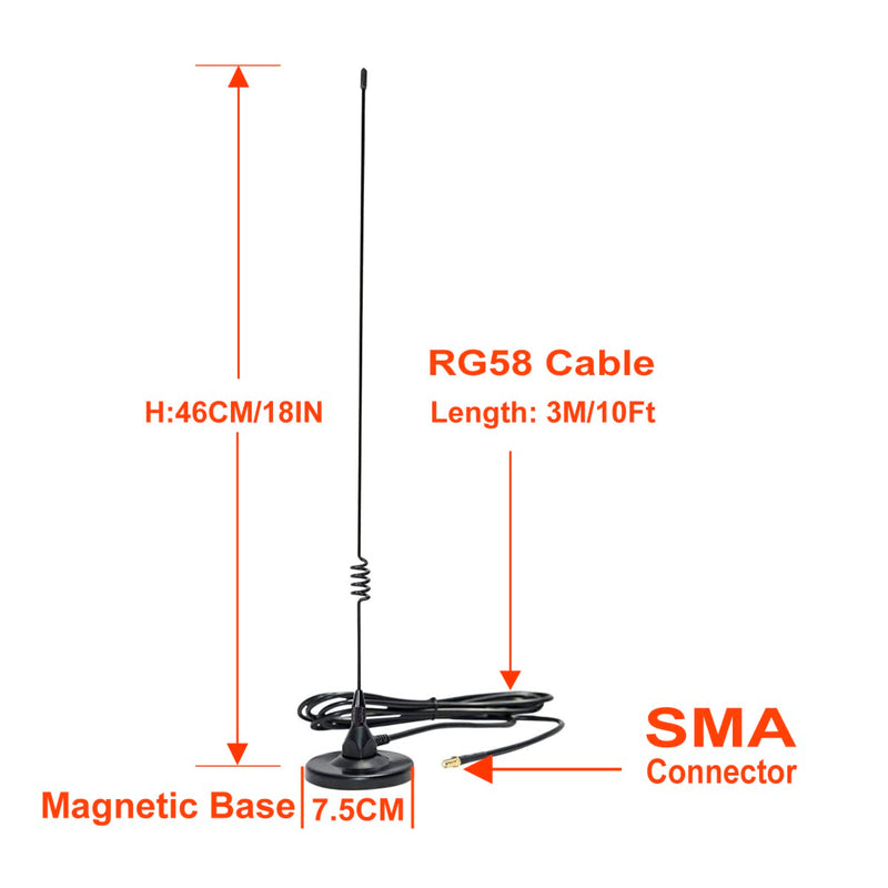 Dual-Band Magnetic Mobile Ham Radio Antenna 137-149 and 437-480 MHz RG58 Cable SMA Connector