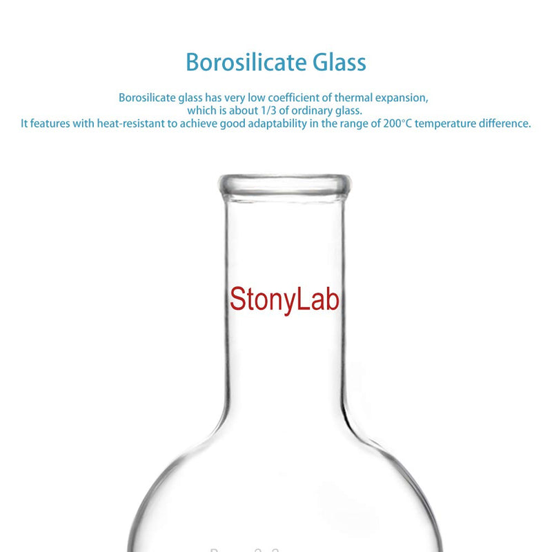 StonyLab Glass 250ml Long Neck Flat Bottom Flask, Borosilicate Glass Heavy Wall Flat Bottom Boiling Flask with Long Neck, 250ml 250 ml