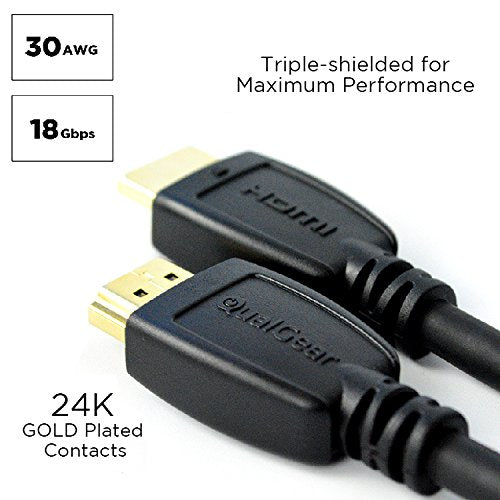QualGear High Speed HDMI 2.0 Cable with Ethernet (6 Feet) - 100% OFC Copper, 24K Gold Plated Contacts, Triple-Shielded. Supports 4K Ultra HD, 3D, 18 Gbps, Audio Return Channel (QG-CBL-HD20-6FT) 1 Pack 6 Feet