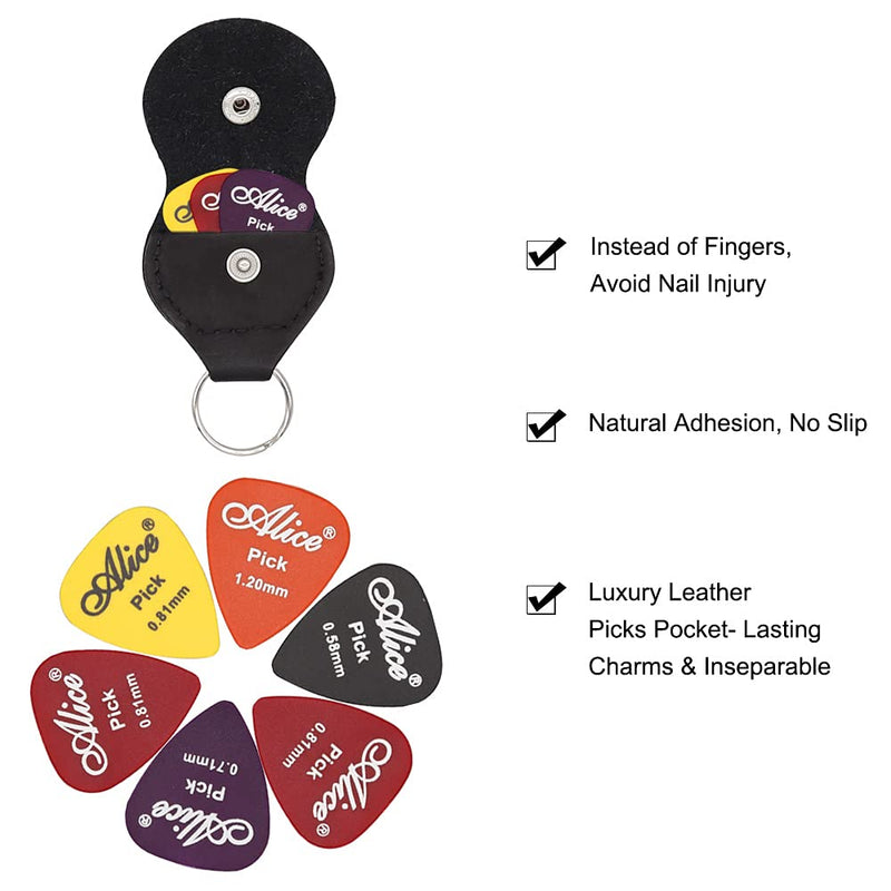 KSTEU 1 PCS Leather Plectrum Holder Guitar Keyring and 6 Pieces Guitar Plectrums, Easy to Carry and Protect the Guitar Picks, Universal for Guitar, Ukulele, Bass (black) black