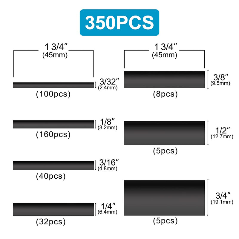 Waterproof Heat Shrink Tubing Kit 350 pcs, ELECFUN 3:1 Dual Wall Tube - Adhesive Lined - Marine Heat Shrink Tubing Black, 7 Sizes 0 KIT350