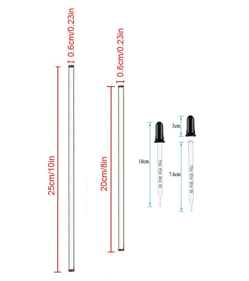 4PCS Glass Stir Sticks Lab Glass Stirring Rod 8"X2 10"X2 with Both Ends Round and 2PCS Glass Graduated Droppers 4"X2 for Science Lab, Kitchen Science Education (6) 6