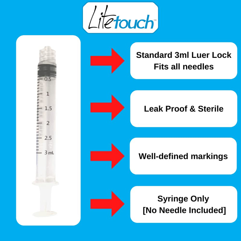 LiteTouch 3mL Luer Lock Syringe, Sterile, Individually Sealed - 100 Syringes per Box (no needle)
