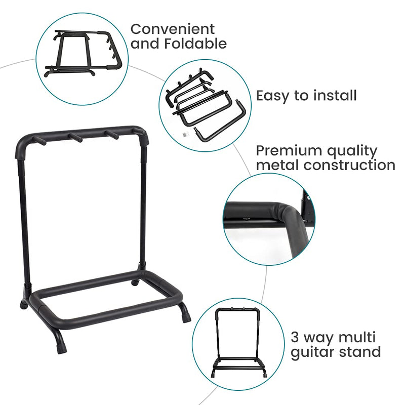 Doubleblack Electric Acoustic Guitar Stand: Universal Foldable Bass Holder - Black Portable Floor Rack with Pedal for Multiple Guitars - 3-Way Classical Guitar Display Mount