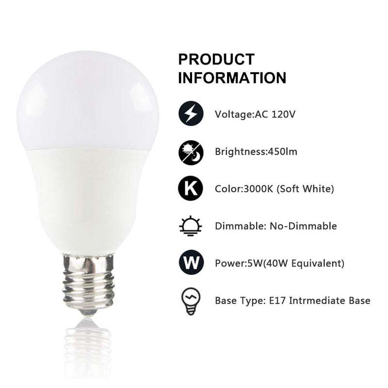 Yueximei E17 Globe Light Bulb, 5 Watt 40W Equivalent, 3000K Soft White, 450LM,Slender G14 LED Bulbs for Ceiling Fan, Chandelier Lighting, Not Dimmable, Pack of 6 5w 6Pack
