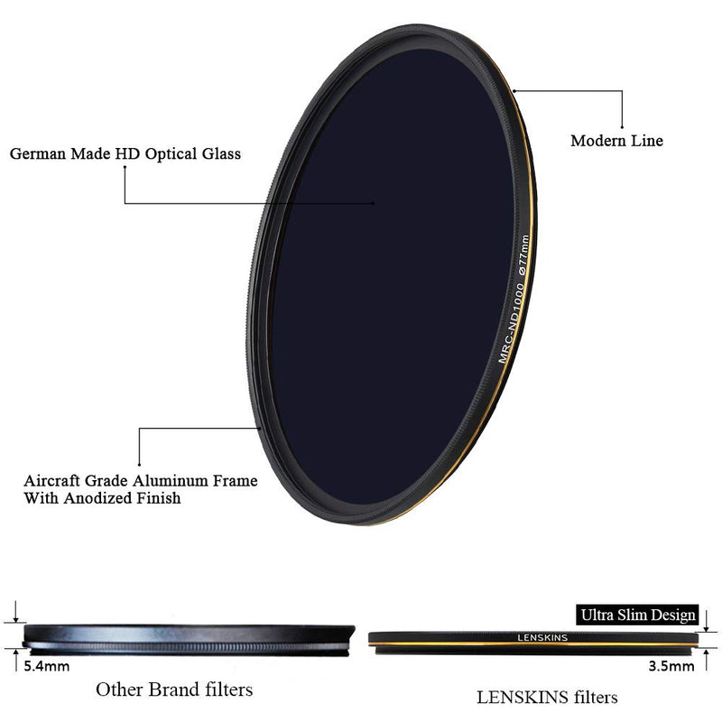 LENSKINS 77mm ND 1000 Filter, 10 Stop Neutral Density Filter for Camera Lenses, 16-Layer Multi-Resistant Coated, German Optics Glass, Weather-Seal ND Filter with Lens Cloth