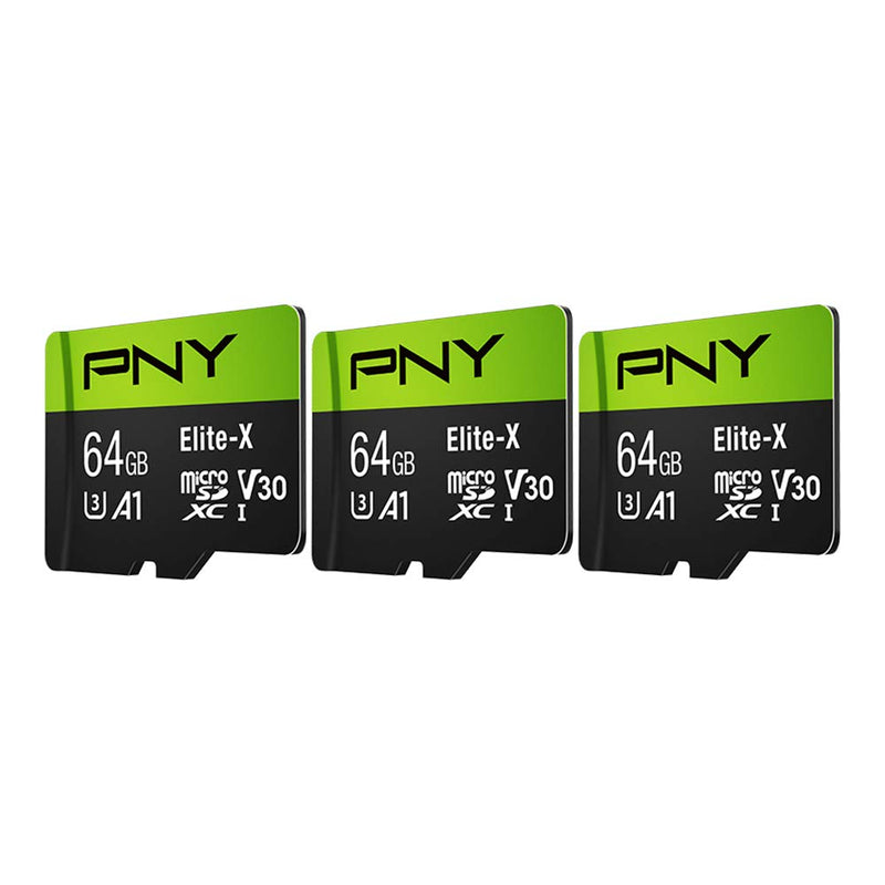 PNY 64GB Elite-X Class 10 U3 V30 microSDXC Flash Memory Card 3-Pack - 100MB/s, Class 10, U3, V30, A1, 4K UHD, Full HD, UHS-I, micro SD 64GB 3-Pack