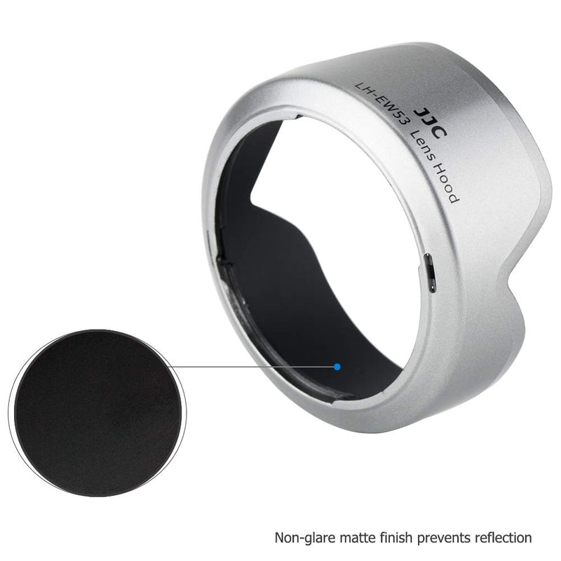 JJC Lens Hood Shade for Canon EF-M 15-45mm f/3.5-6.3 is STM Lens on Canon EOS M50 Mark II M50 M5 M6 Mark II M200 M100 M10 Replace Canon EW-53 Hood -Silver Silver