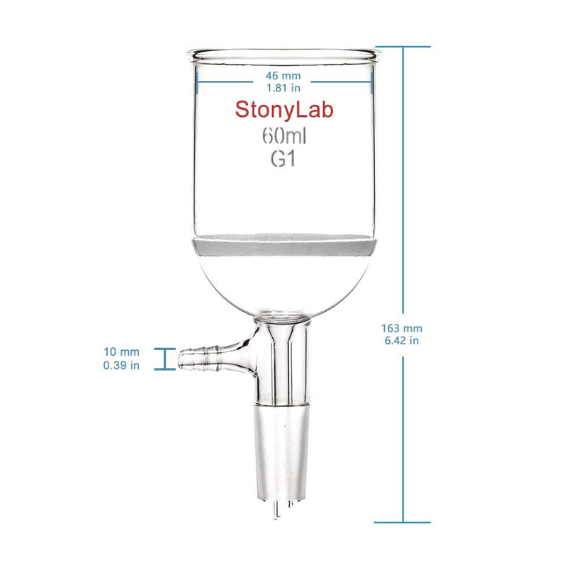 StonyLab Borosilicate Glass Buchner Filtering Funnel with Coarse Frit(G1), 46mm Inner-Diameter, 60mm Depth, with 24/40 Standard Taper Inner Joint and Vacuum Serrated Tubulation (60ml) 60 mL