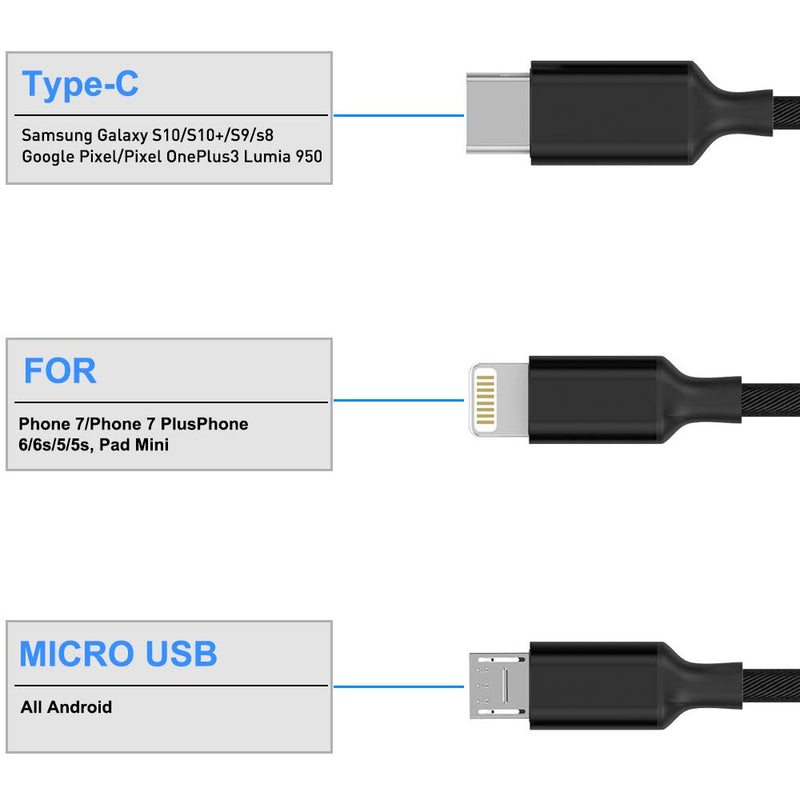 Multi 3 in 1 USB Long iPhone Charging Cable, 3M/10Ft Nylon Braided Universal Phone Charger Cord USB C/Micro USB/Lightning Connector Adapter for Android/Apple/Samsung/LG/Pixel/Huawei/XiaoMi(Black) 3IN3 BLACK