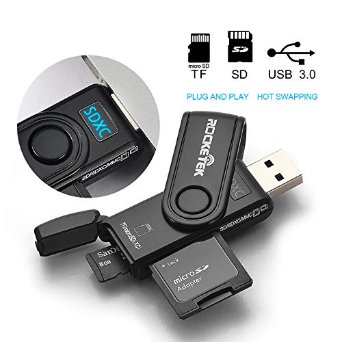 USB 3.0 SD Card Reader, Rocketek 2 Slots Memory Card Reader with a Build-in Micro SD Card Cap for SDXC/SDHC/UHS-I SD Cards, TF/Micro SD Cards Reader - Take It as a USB 3.0 Flash Drive