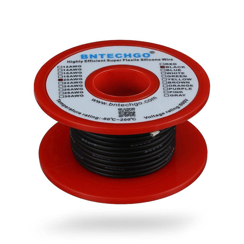 BNTECHGO 20 Gauge Silicone wire spool 50 ft Black Flexible 20 AWG Stranded Tinned Copper Wire silicone wire 50ft 20 gauge silicone wire black