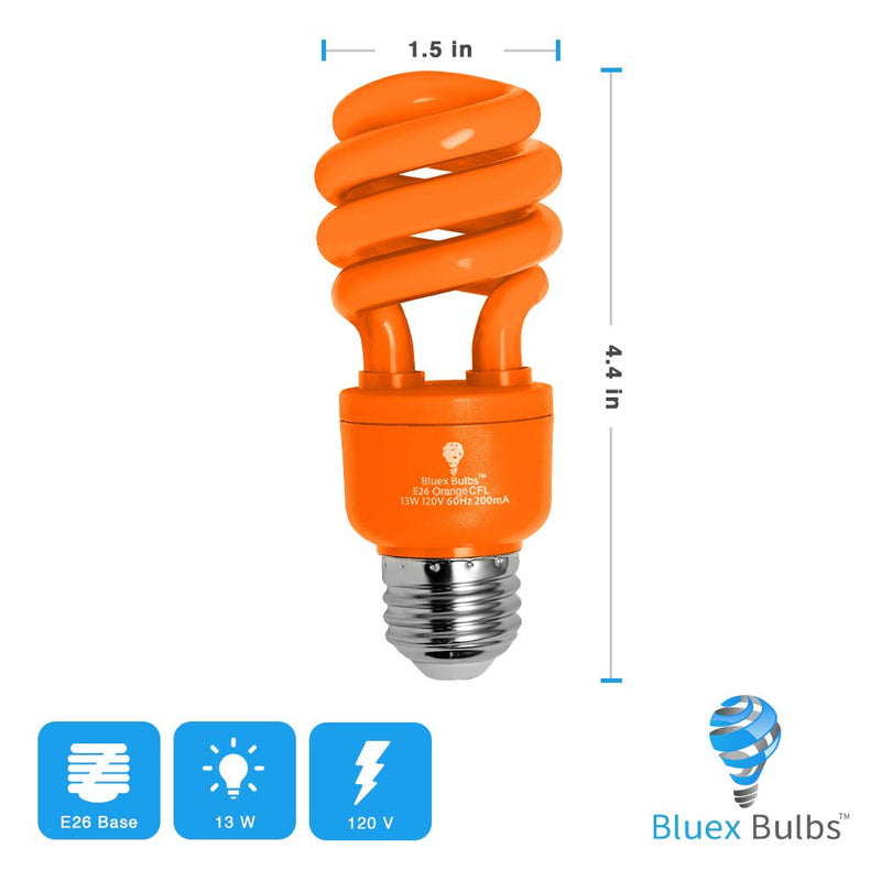 [AUSTRALIA] - 4 Pack BlueX CFL Orange Light Bulb 13W - 50-Watt Equivalent - E26 Spiral Replacement Bulbs - Orange Bulb Decorative Illumination - for Indoor or Outdoor - DJ, Colored Bulbs CFL, Party, Halloween Bulbs 