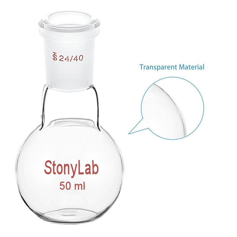 StonyLab Glass 50ml Heavy Wall Single Neck Flat Bottom Boiling Flask, with 24/40 Standard Taper Outer Joint, 50ml 50 mL