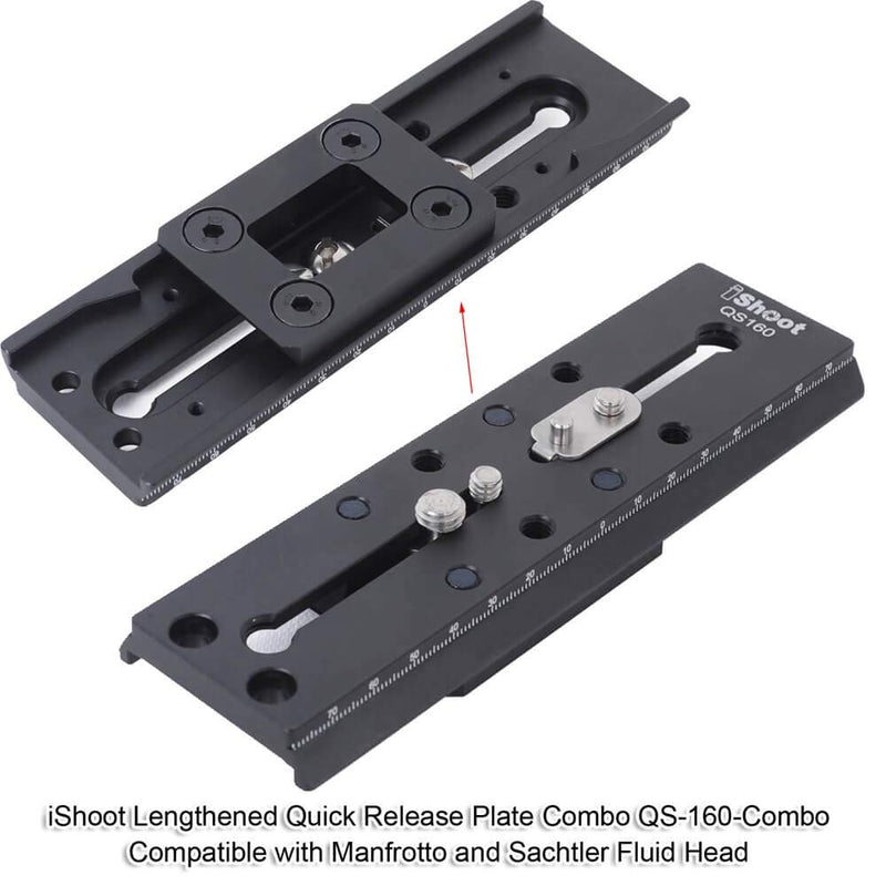 iShoot Camera Quick Release Plate Combo QR Mount Base QS-160-Combo Compatible with Manfrotto 500 Series 700 Series and Sachtler FSB 10T 8T 6T DV2 DV8 DV10SB DV12SB V14 V18 ACE XL Series Fluid Head