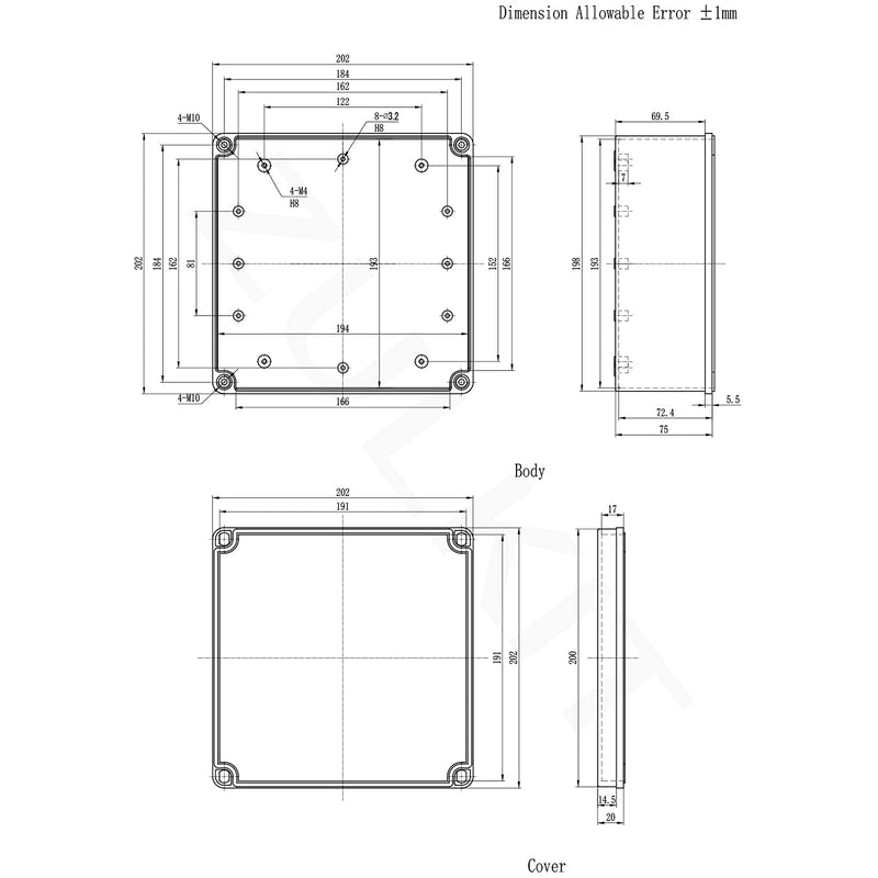 Zulkit Junction Box ABS Plastic Dustproof Waterproof IP67 Junction Boxes Universal Electrical Project Enclosure Durable DIY Electronic Project Box Grey 7.87 x 7.87 x 3.74 inch (200 x 200 x 95 mm) 7.87" x 7.87" x 3.74"