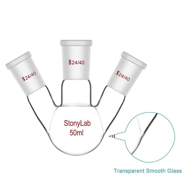 StonyLab Glass 50ml Heavy Wall 3 Neck Round Bottom Flask RBF, with 24/40 Center and Side Standard Taper Outer Joint – 50ml 50 ml