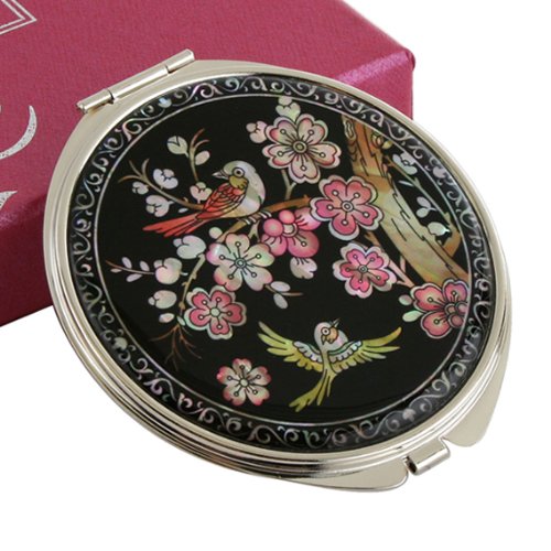 Mother of Pearl Pink Korean Plum Flower Tree and Bird Design Double Compact Magnifying Purse Mirror