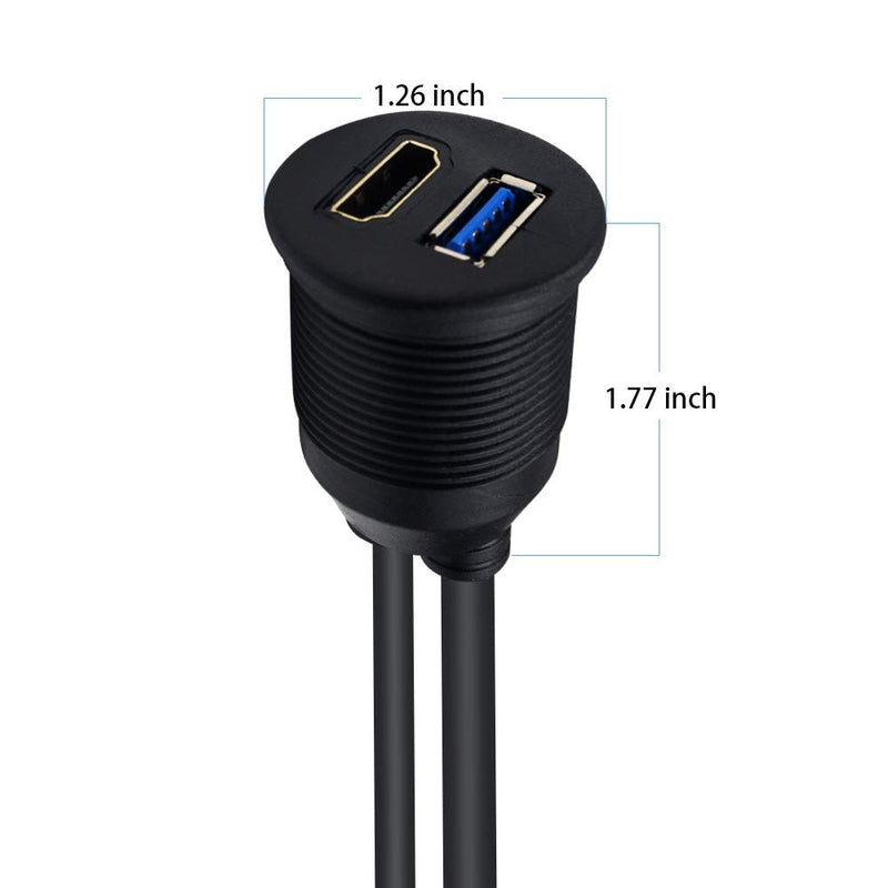 Duttek USB3.0 & HDMI Panel Flush Mount Cable, USB 3.0 & HDMI Male to Female Extension Mount, Dash Mount, Flush Mount, Panel Mount Cable, for Car, Boat, Motorcycle 2M/6.6 FT