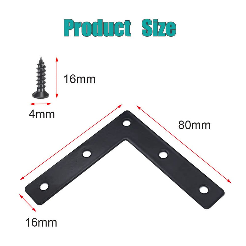 20 Pcs Black Flat Corner Brace Brackets,80mmx80mm Metal Right Angle Corner Brace L Shaped Brackets,Mending Plate Bracket with Screws