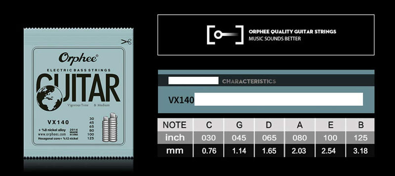 Orphee VX140 Hexagonal Steel Nickel Wound Electric Bass Guitar Strings 6-String Set Long Scale .030 .045 .065 .080 .100 .125