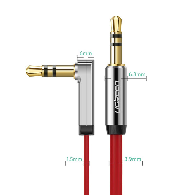 UGREEN 3.5mm Audio Cable, Stereo Aux Jack to Jack Cable 90 Degree Right Angle Auxiliary Cord Compatible for Beats, iPhone, iPod, iPad, Tablets, Speakers, 24K Gold Plated Male to Male Red (1.5FT) 1.5ft