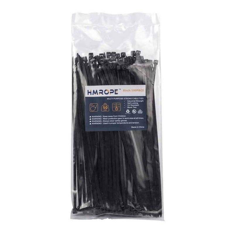 HMROPE 100pcs Cable Zip Ties Heavy Duty 8 Inch, Premium Plastic Wire Ties with 50 Pounds Tensile Strength, Self-Locking Black Nylon Tie Wraps for Indoor and Outdoor