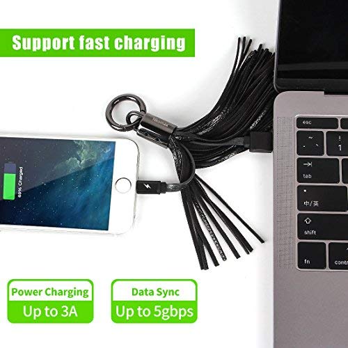 Lightning to USB Keychain Cable Leather Tassel with 7-Inch 2.4 Amp Lightning ChargeSync Cable for iPhone, iPad (Black Blue) L-Blue Black