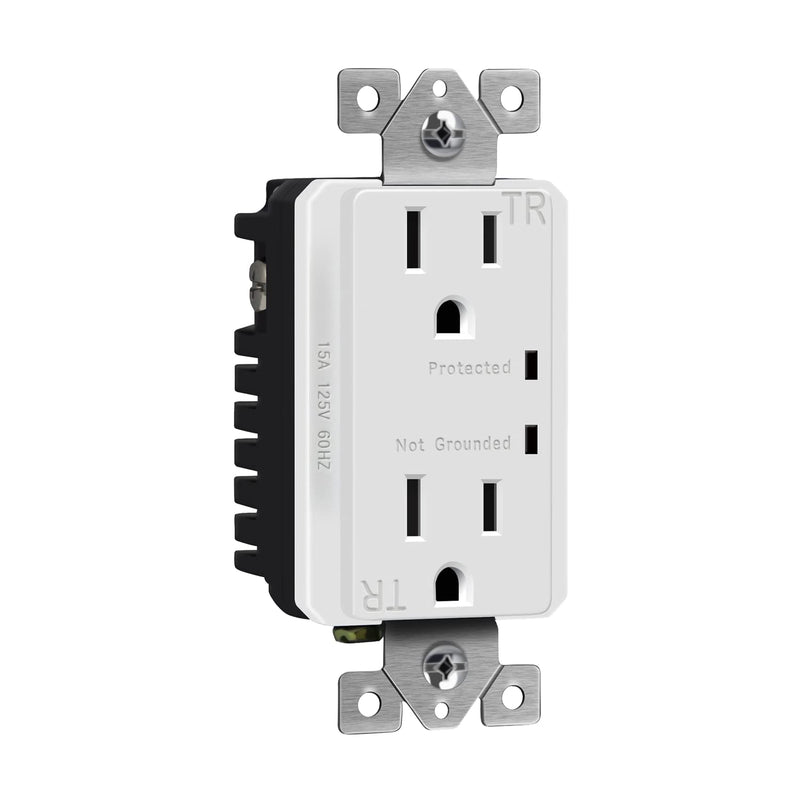 15A 125V, Surge Protector Receptacle with Grounding Indicator By Select-Lighting, Child Safe, Tamper-Resistant, Self-Grounding, 2-Pole, UL Listed, White