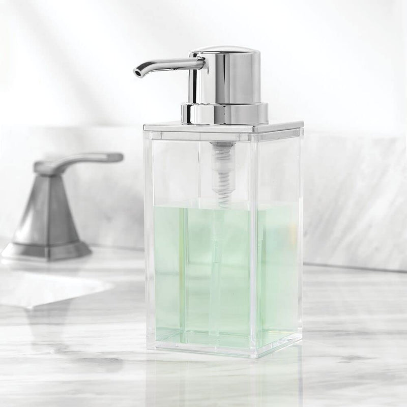 mDesign Plastic Bathroom Storage Jars, Vanity Decor Accessory, Countertop Organizers; Soap Dispenser, Toothbrush Holder, Toothpaste Caddy, Rinsing Cup; Lumiere Collection - Set of 4 - Clear/Chrome