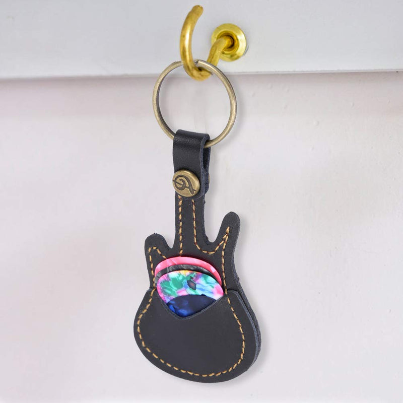 Bnineteenteam Guitar Shaped Guitar Picks Holder Case PU Leather Guitar Plectrum Holder with 5pcs Colorful Picks for Guitar Players Black