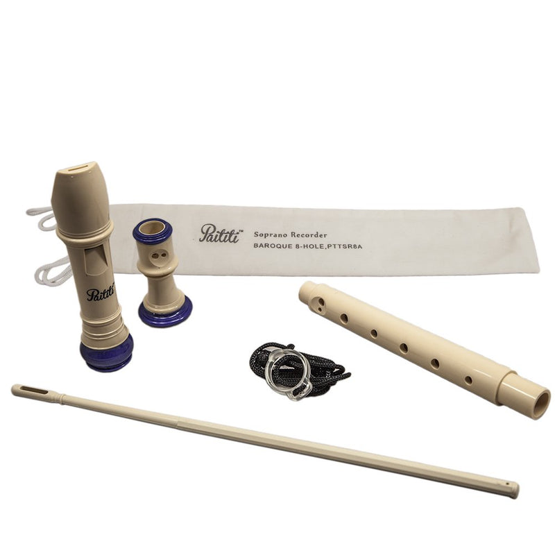 Paititi Soprano Recorder 8-Hole With Cleaning Rod + Carrying Bag, CreamyBlue Color, Key of C Creamy/Blue