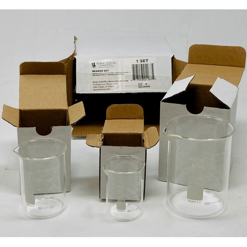 Karter Scientific 214T2, 3.3 Boro, Griffin Low Form, Glass Beaker Set - 3 Sizes - 50ml, 100ml, 250ml 50 / 100 / 250mL STANDARD