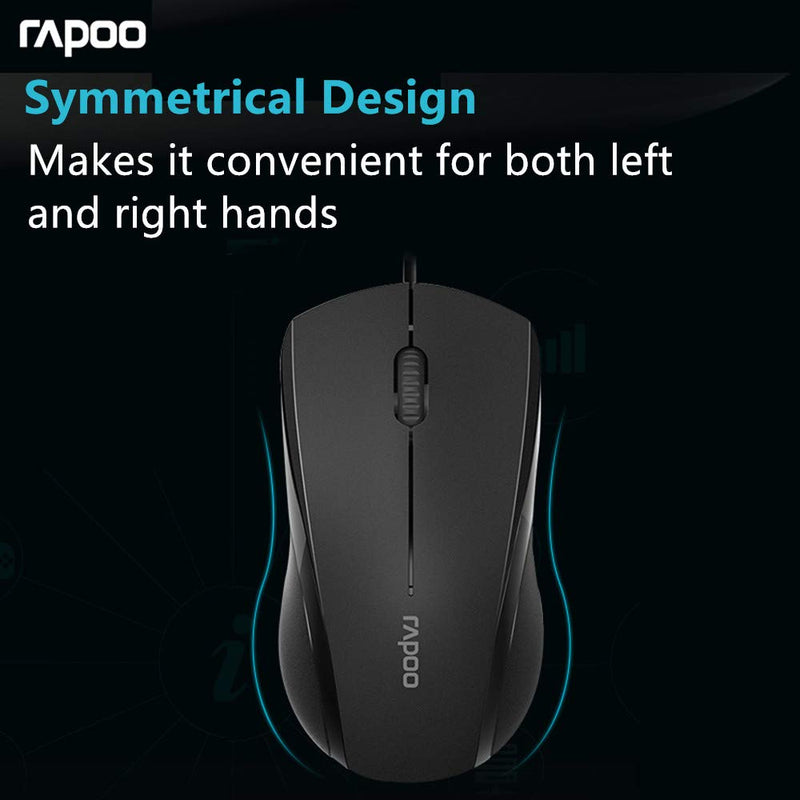 Rapoo Brand 3-Button Wired USB Optical Noiseless Mouse, Computer Mouse with 1000 DPI, Compatible with PC, Mac,Desktop and Laptop (Black) Black