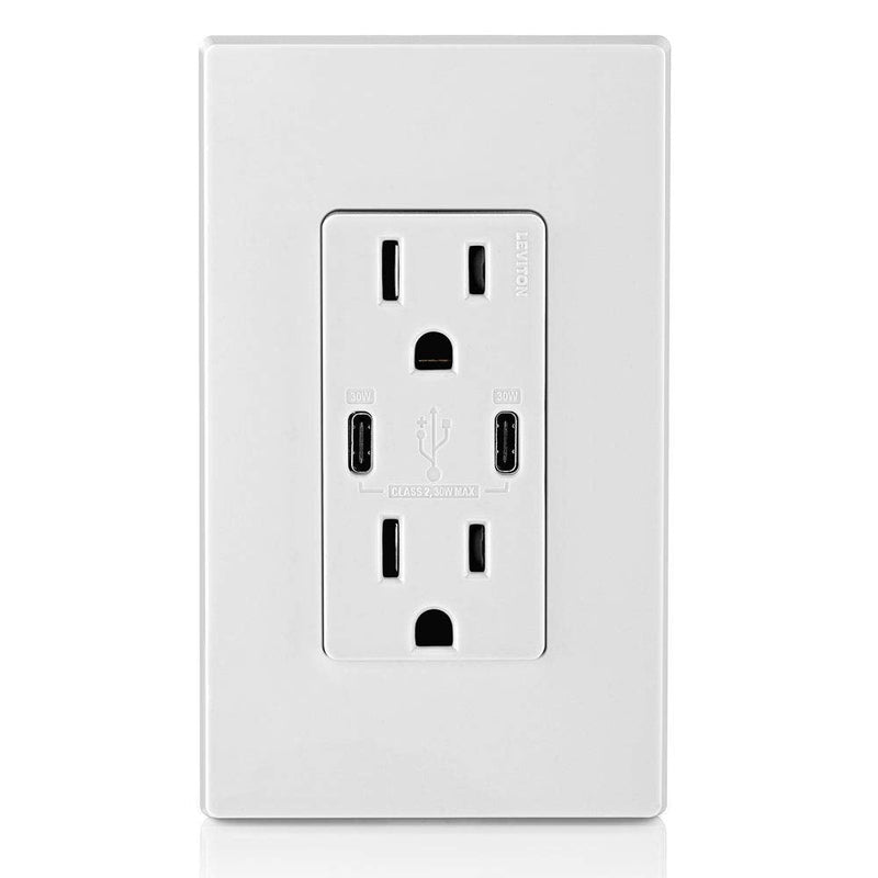 Leviton T5635-W USB Dual Type-C with Power Delivery (PD) In-Wall Charger with 15 Amp, 125 Volt Tamper-Resistant Outlet, White