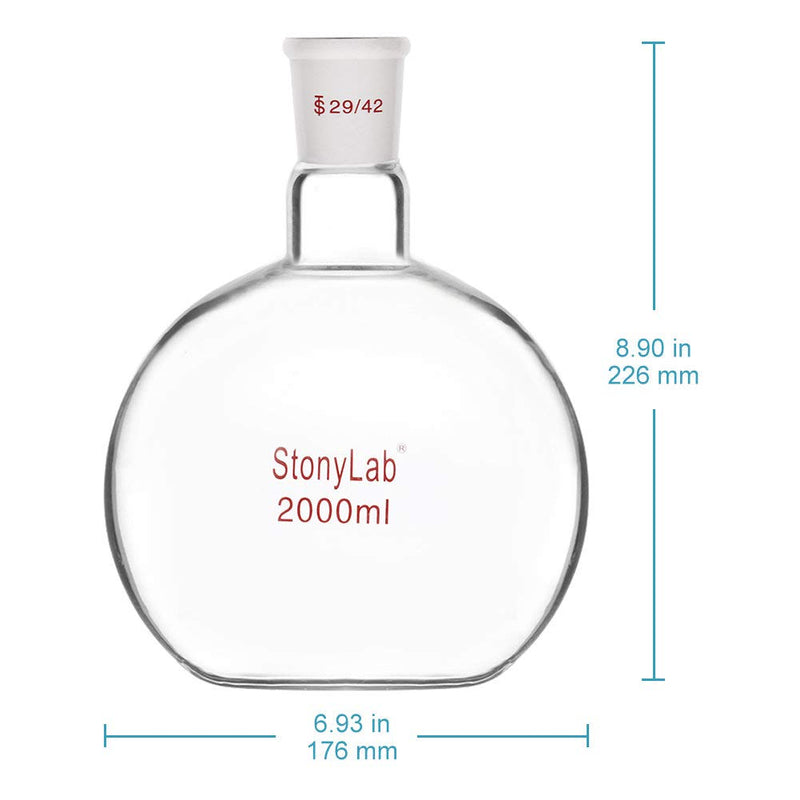 stonylab Heavy Wall Single Neck Borosilicate Glass Flat Bottom Boiling Flask, with 29/42 Standard Taper Outer Joint, 2000ml 2000 ml