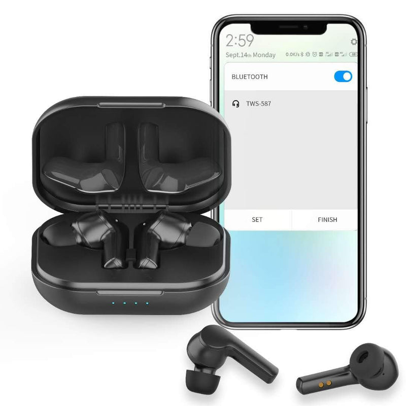 True Wireless Earbuds Headphones, Bluetooth 5.0 Headphones, Stereo Sound in-Ear Earphones with Built-in Mic, Noise Cancelling Headsets, Mini Earbuds Touch Control with Charging Case (Black)