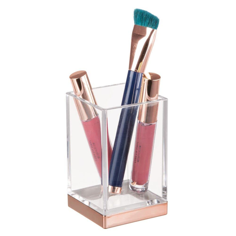 [AUSTRALIA] - mDesign Plastic Bathroom Storage Jars, Vanity Decor Accessory, Countertop Organizers; Soap Dispenser, Toothbrush Holder, Toothpaste Caddy, Rinsing Cup; Lumiere Collection - Set of 4 - Clear/Rose Gold 