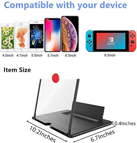 12'' Screen Magnifier For Cell Phone|Mobile Phone Magnifying Projector Screen With Stand.3D Portable Universal Screen Amplifier For Video And Gaming | Screen Magnifying Phone Mount For All Smartphones Black