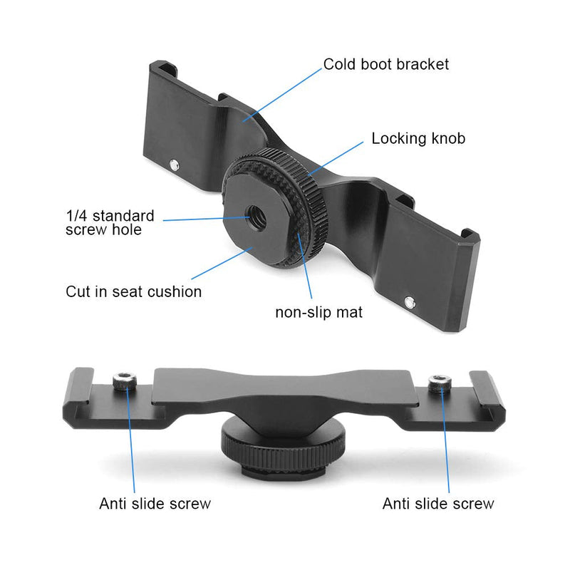 Aluminum Alloy Two Cold Shoe Bracket is Suitable for Universal Cold Shoe mounting Bracket for Digital SLR Cameras or Camcorder Accessories, Such as LED Video Lights, Microphones, Monitors, Flashes