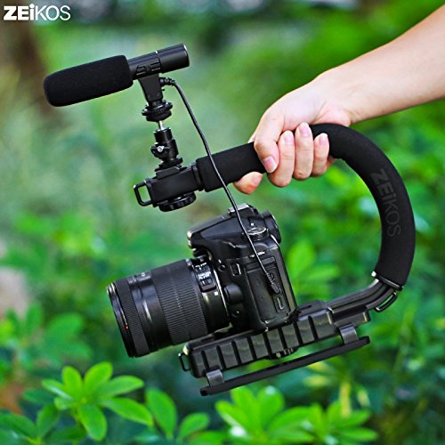 Zeikos Video Action Stabilizing Handle Grip Handheld Stabilizer with Shoe Mount and C Shape Rig Low Position Shooting System for DSLR, GoPro, Smartphones + Free MiracleFiber Microfiber Video Stabilizer Set