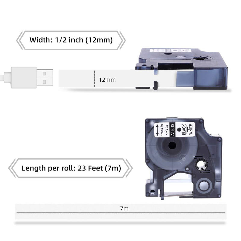 Compatible Dymo D1 Label Tape 45013 Replace for DYMO Label Maker Refills d1 A45013, Black on White, 1/2 Inch x 23 Ft for Dymo LabelManager 160 420P 210D 280 360D PnP Label Maker, 3-Pack