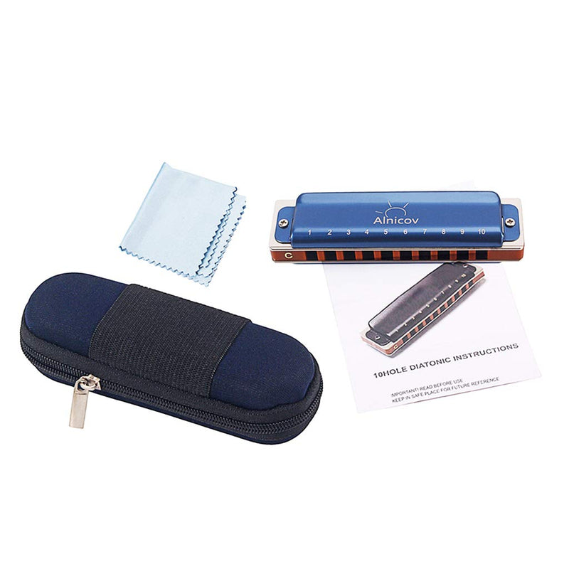 Alnicov Deluxe Blues Harmonica in Key of C Diatonic/10 Holes Mouth Organ Instrument with Case and Cleaning Cloth for Students,Adults,Professionals Gifts - Blue