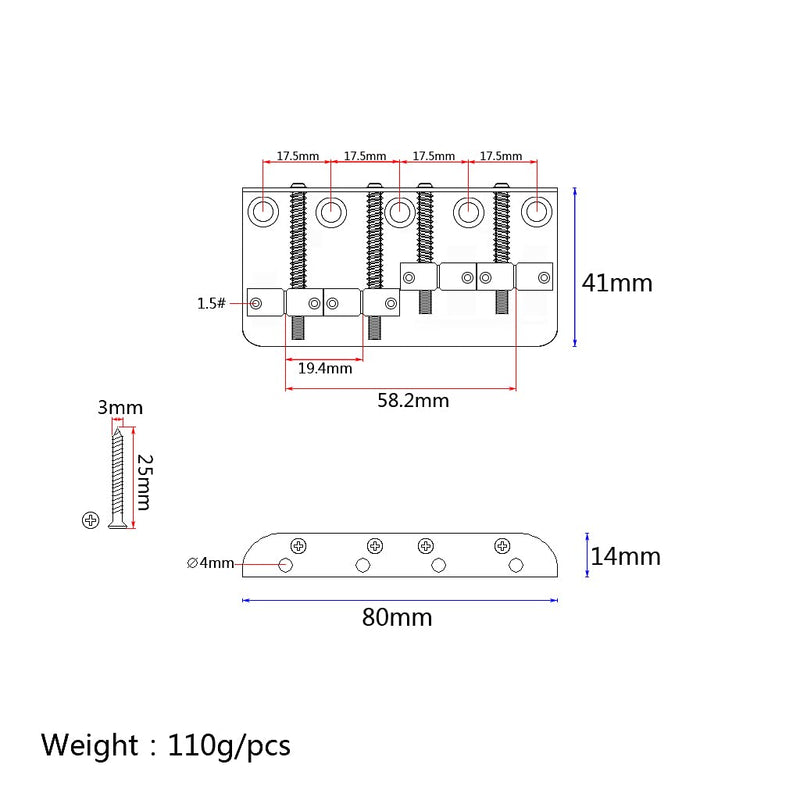 Alnicov 4 String Bass Bridge Vintage Style 80mm Hardtail Bridge Saddles Replacement Accessories Sliver