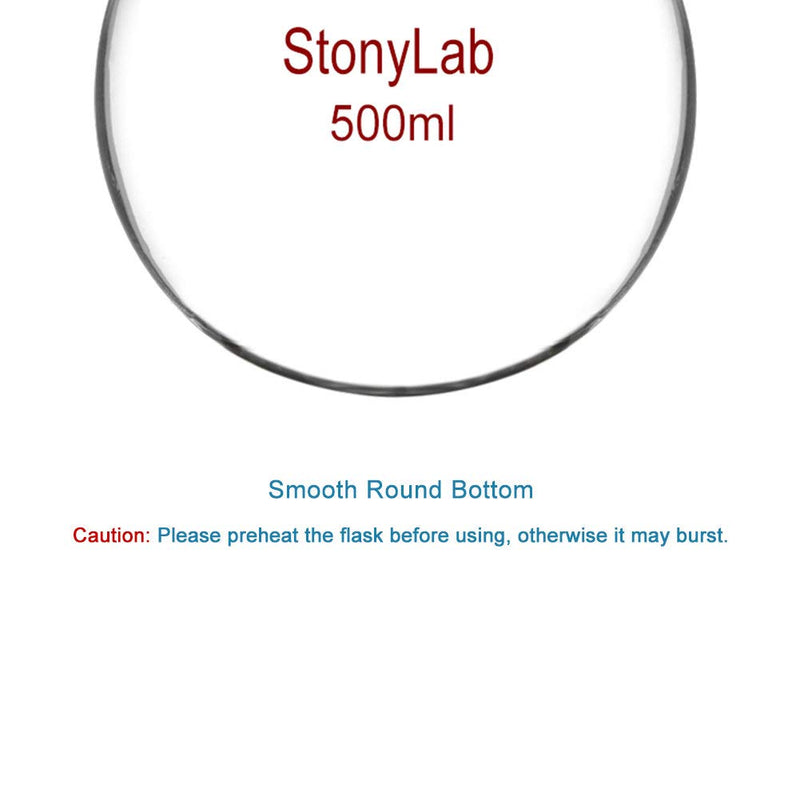 StonyLab Glass 500ml Heavy Wall Single Neck 1 Neck Round Bottom Flask RBF, with 24/40 Standard Taper Outer Joint – 500ml 500 ml