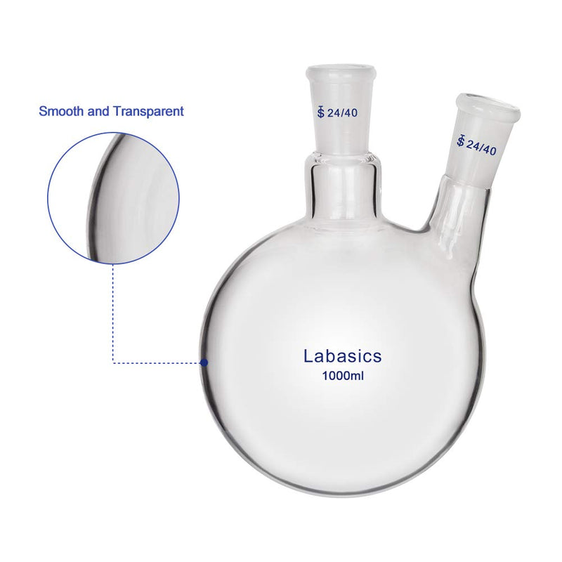Labasics Glass 1000ml 2 Neck Round Bottom Flask RBF, with 24/40 Center and Side Standard Taper Outer Joint, 1000ml 1000 ml