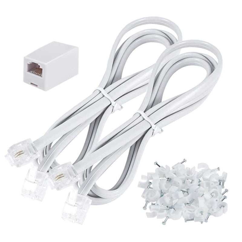 Telephone Cords for Landline Phones, 2 Pack 3ft RJ11 Extension Cable Line with 1 RJ11 Coupler and 50pcs 7mm Cable Clips, Male to Male Telephone Flat Cord White 3 ft