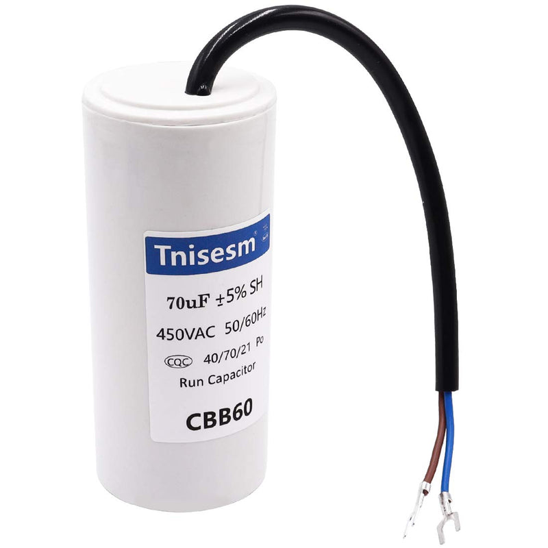 Tnisesm 70uF CBB60 Run Capacitor 450V AC 2 Wires for Start-up of AC Motors with Frequency of 50Hz/60Hz Washing Machines, Air Conditioners, Refrigerators & Water Pumps