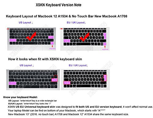 XSKN Hebrew Silicone Keyboard Skin Cover for MacBook Pro 13 (2016 Model A1708, Flat Key, No Touch Bar) and MacBook 12 (2015 Model A1534), US EU Version (Black) Black