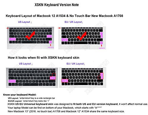 XSKN Russian/English Black Silicone Keyboard Skin Cover for Shallow Keys New MacBook Pro 13 (2016 Released A1708, No Touch Bar) and MacBook 12 (2015 Released A1534), US EU Version